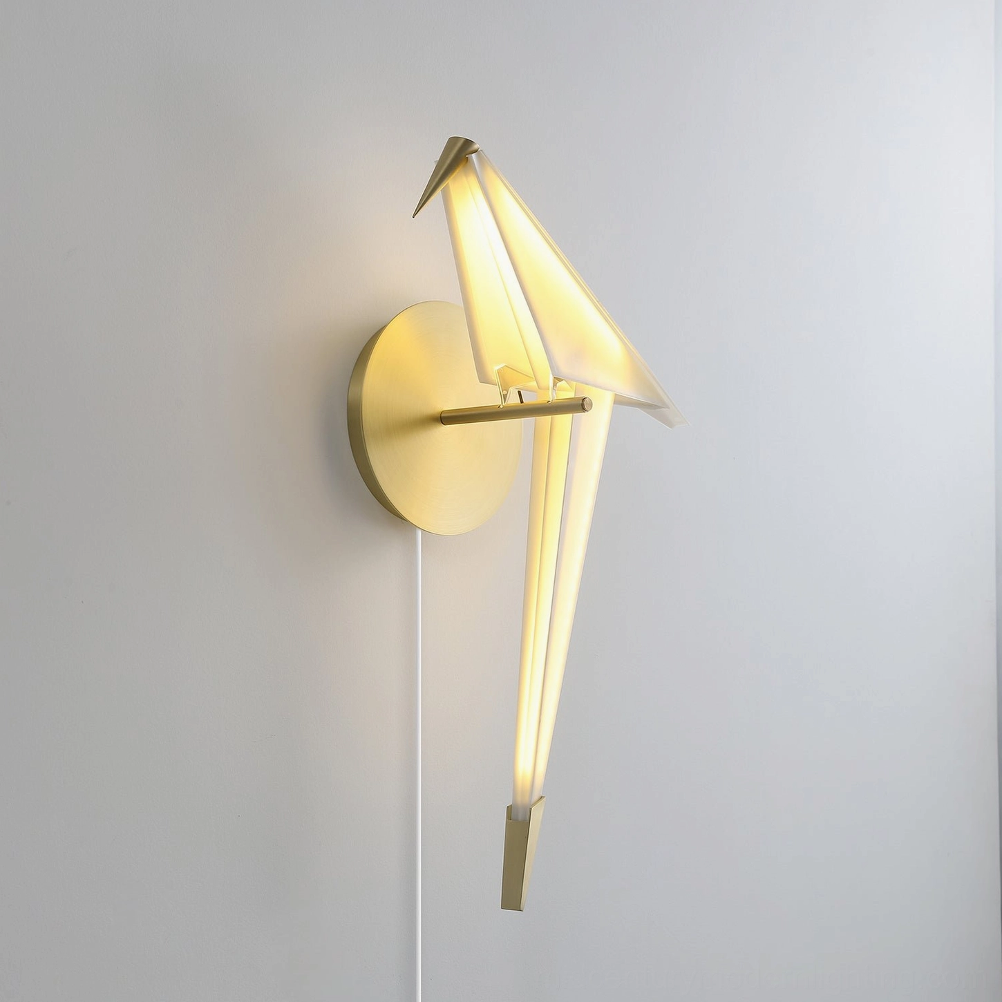 Perching bird wall lamp right profile showing sleek origami crane silhouette and minimalist design