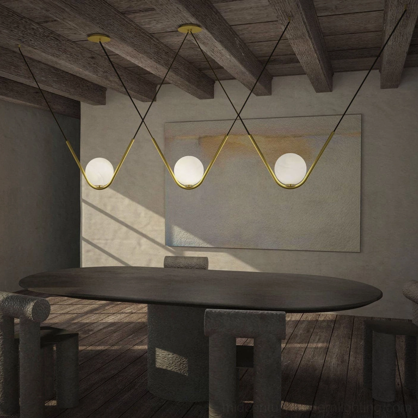 Perle three-head linear pendant lighting installation in modern dining room with wooden beam ceiling