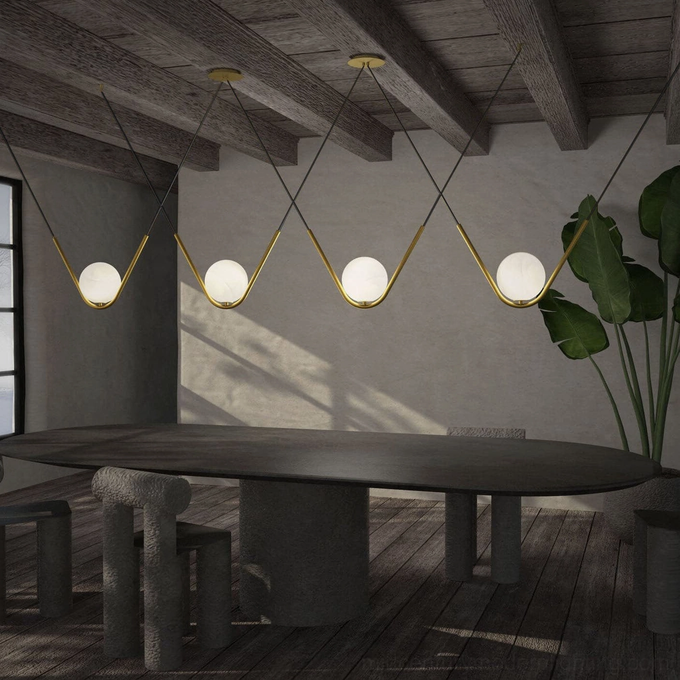 Multi-globe Perle pendant light fixture hanging from rustic wooden ceiling beams in contemporary dining space