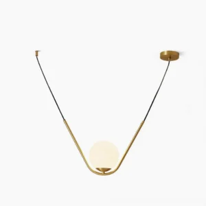 Perle pendant lamp single globe with frosted white glass and brushed gold metal frame on white background