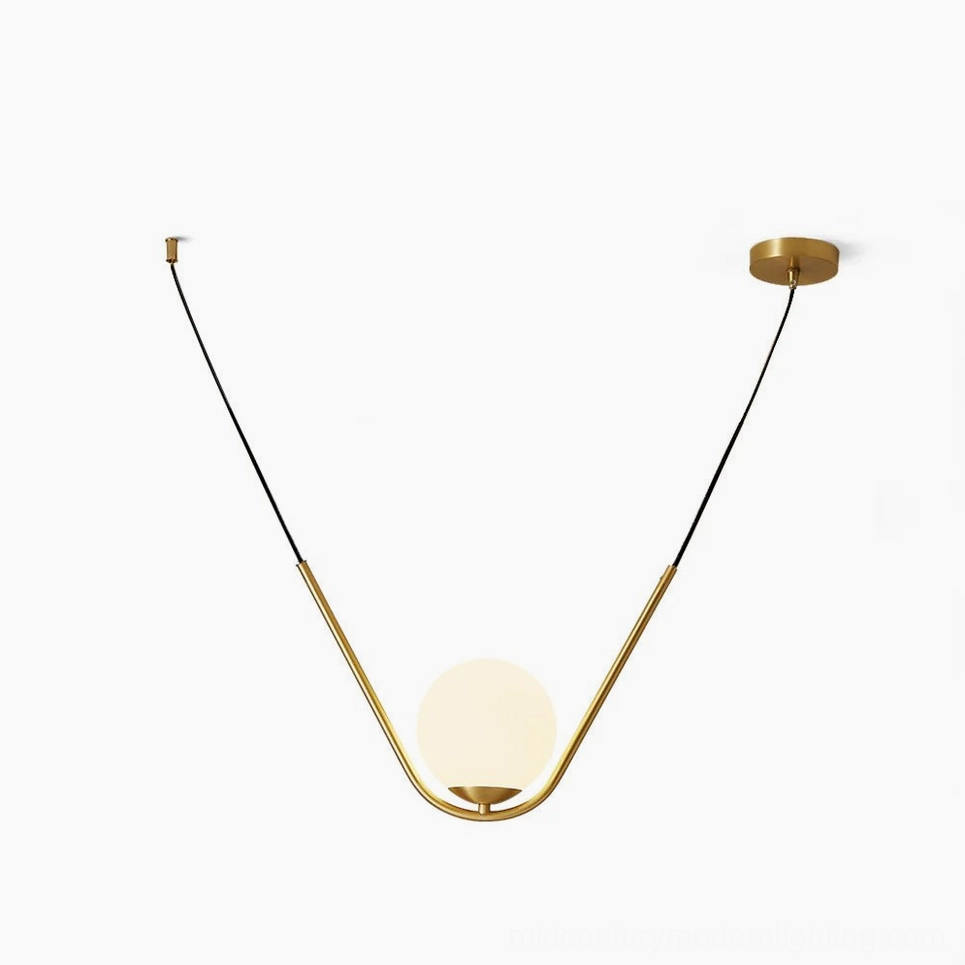 Perle pendant lamp single globe with frosted white glass and brushed gold metal frame on white background