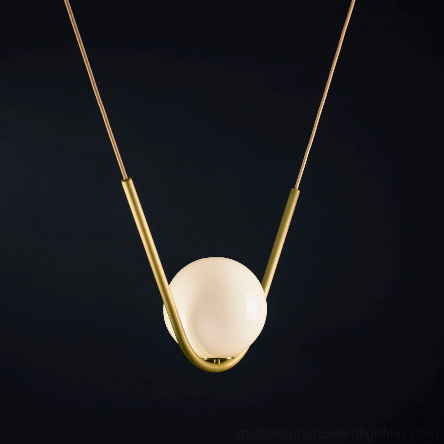 Perle single globe pendant lamp hanging with curved brass design and frosted white glass shade