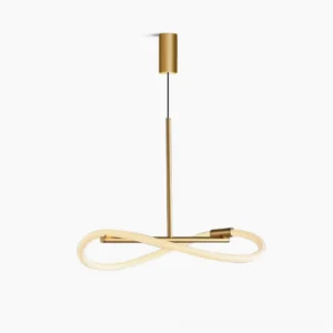 Perpetual Infinity Pendant Lamp in brushed brass - sculptural loop design with integrated LED, side-front studio view