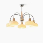 5-head persimmon wood and chrome pendant chandelier with frosted glass shades, mid-century modern design