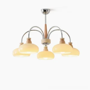 5-head persimmon wood and chrome pendant chandelier with frosted glass shades, mid-century modern design