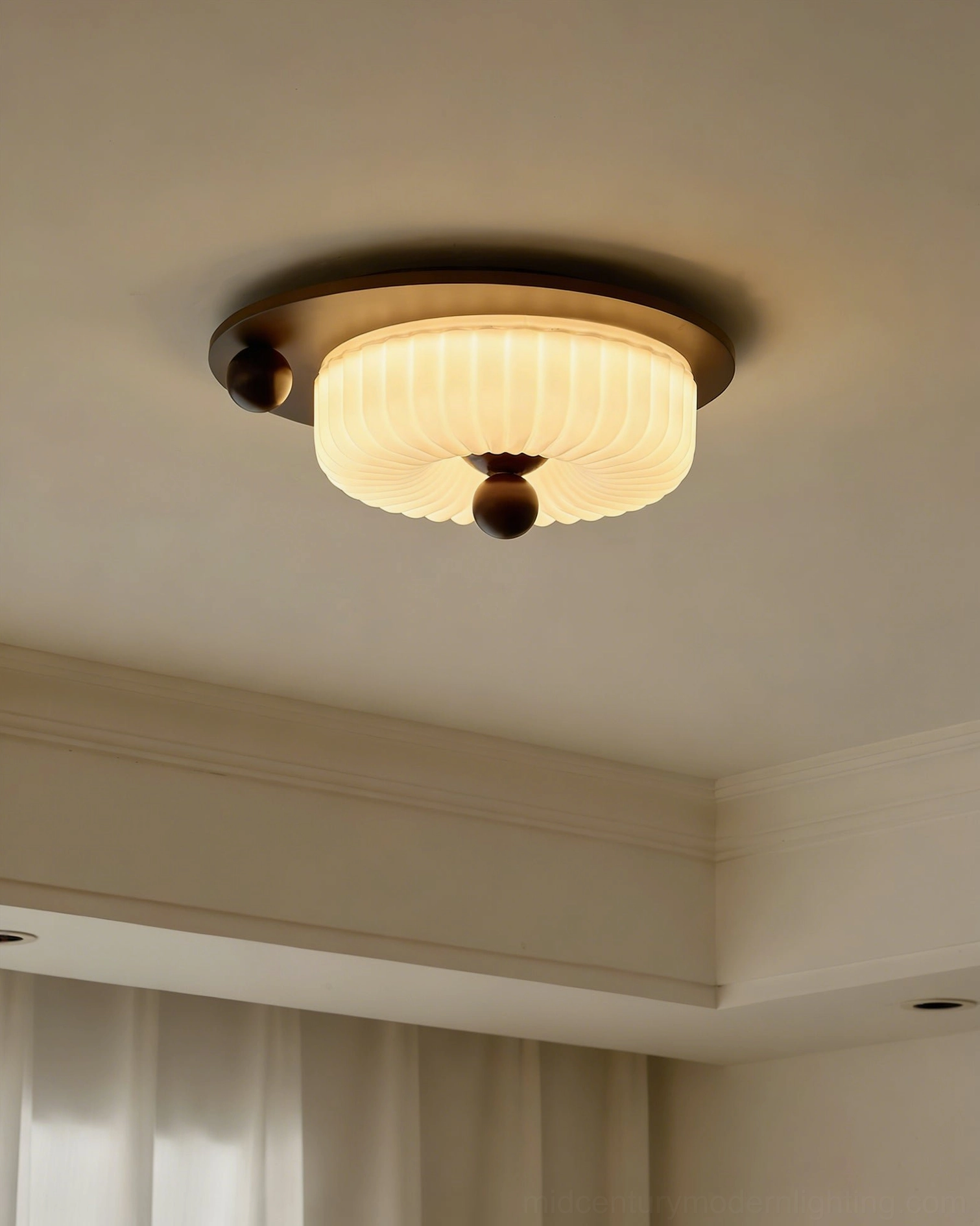 Perth pleated glass ceiling lamp detail, cream shade and walnut wood base construction