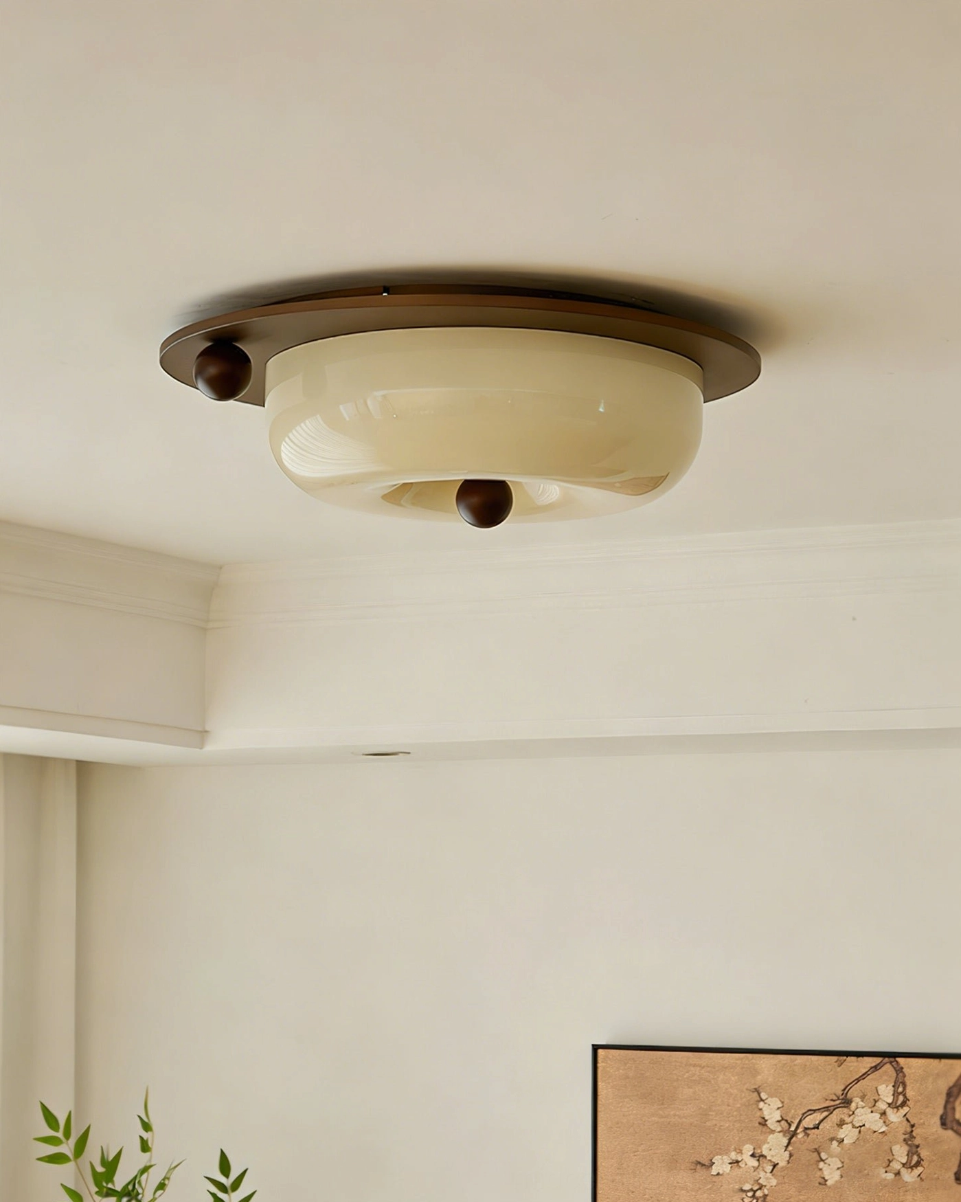 Perth smooth cream glass ceiling light fixture, minimalist vintage low-profile flush-mount design