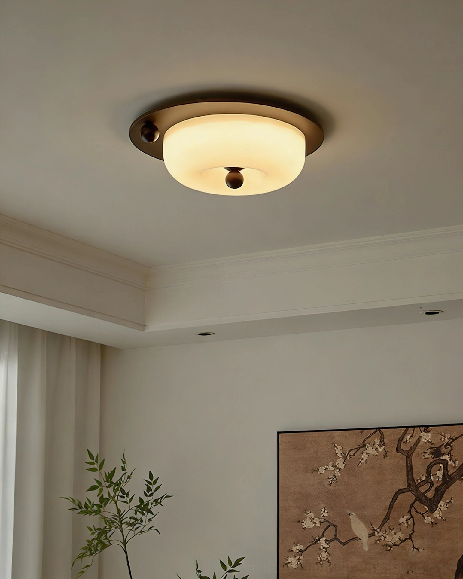 Perth round flush ceiling lamp under-ceiling view in minimalist neutral bedroom, modern vintage aesthetic