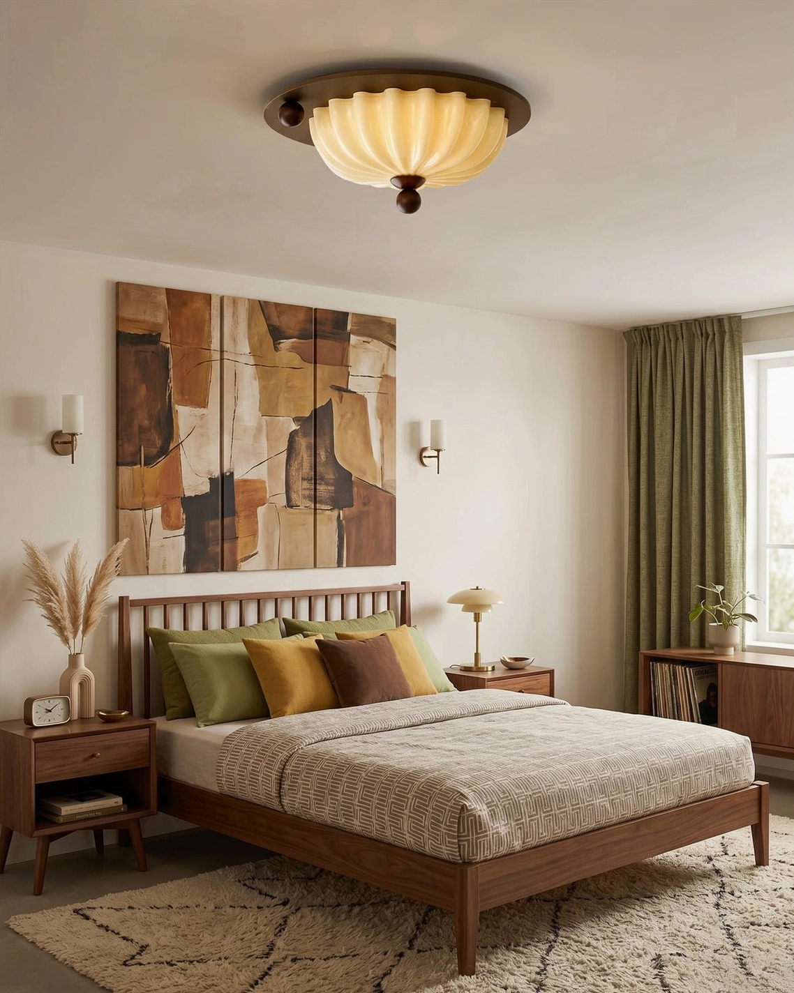 Vintage-style Perth ceiling lamp in warm earthy master bedroom with wooden furniture and farmhouse aesthetic