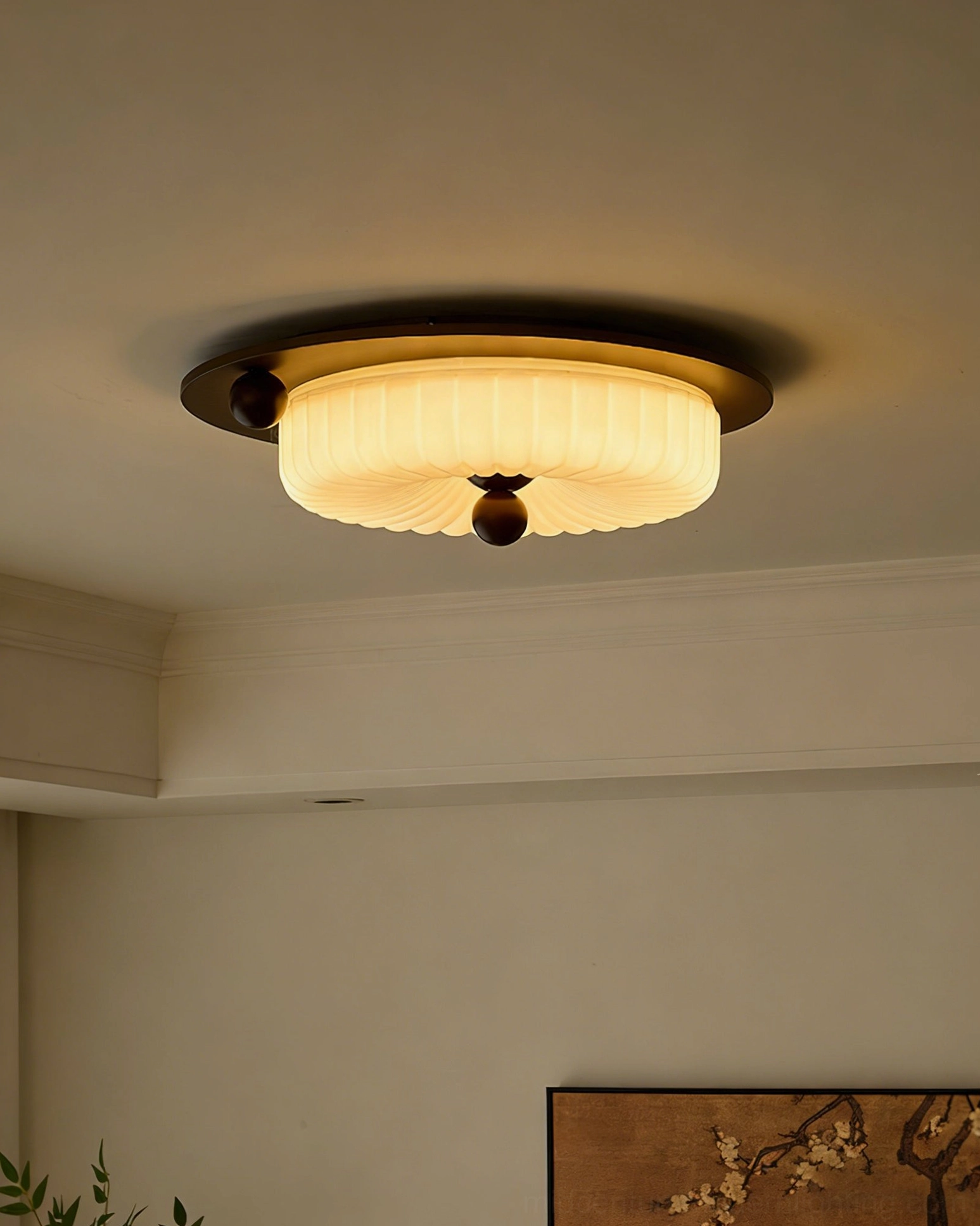 Perth flat ribbed glass ceiling lamp overhead close-up with warm glowing LED integrated lighting