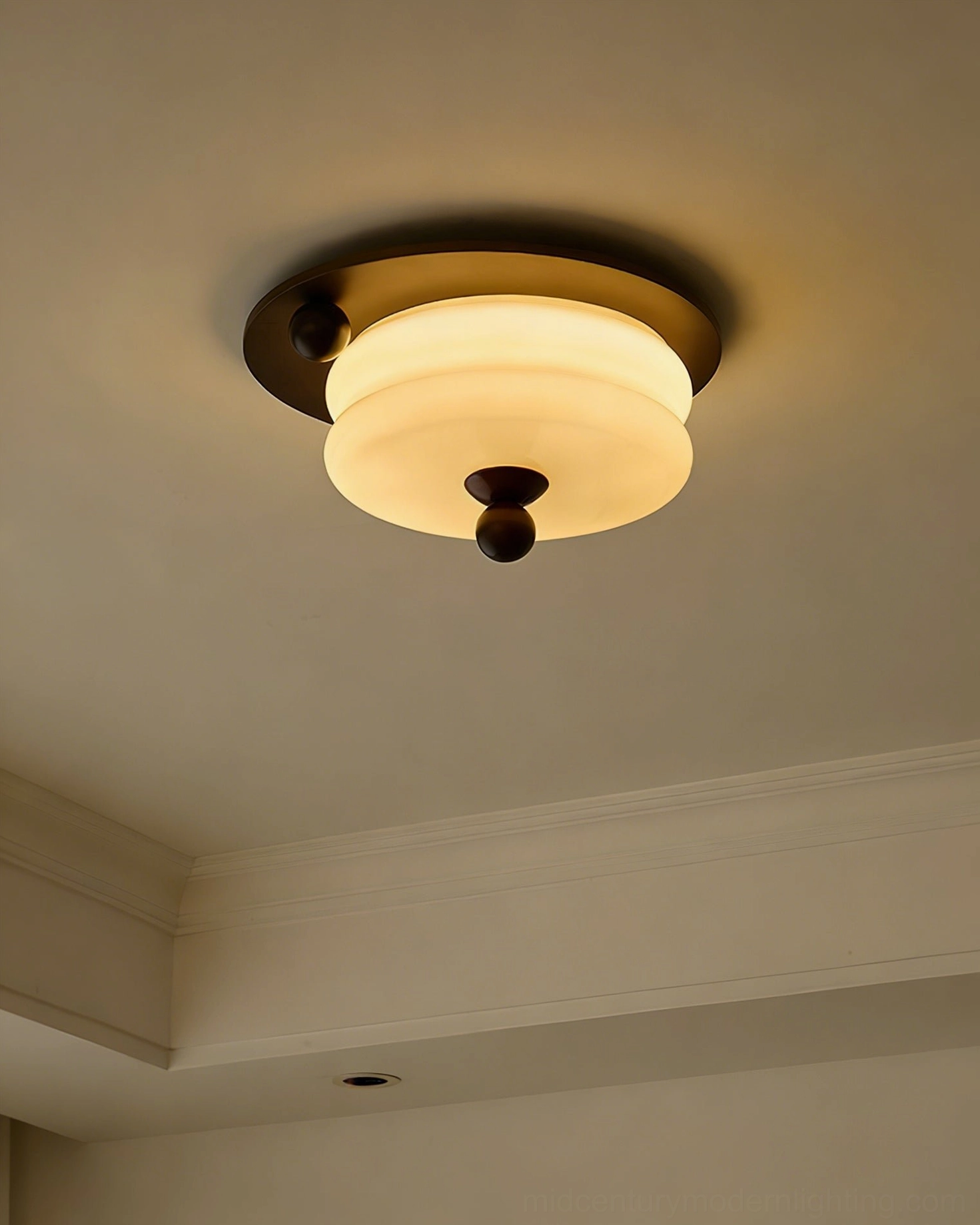 Perth pleated glass ceiling lamp installed interior view, low-profile design in living space