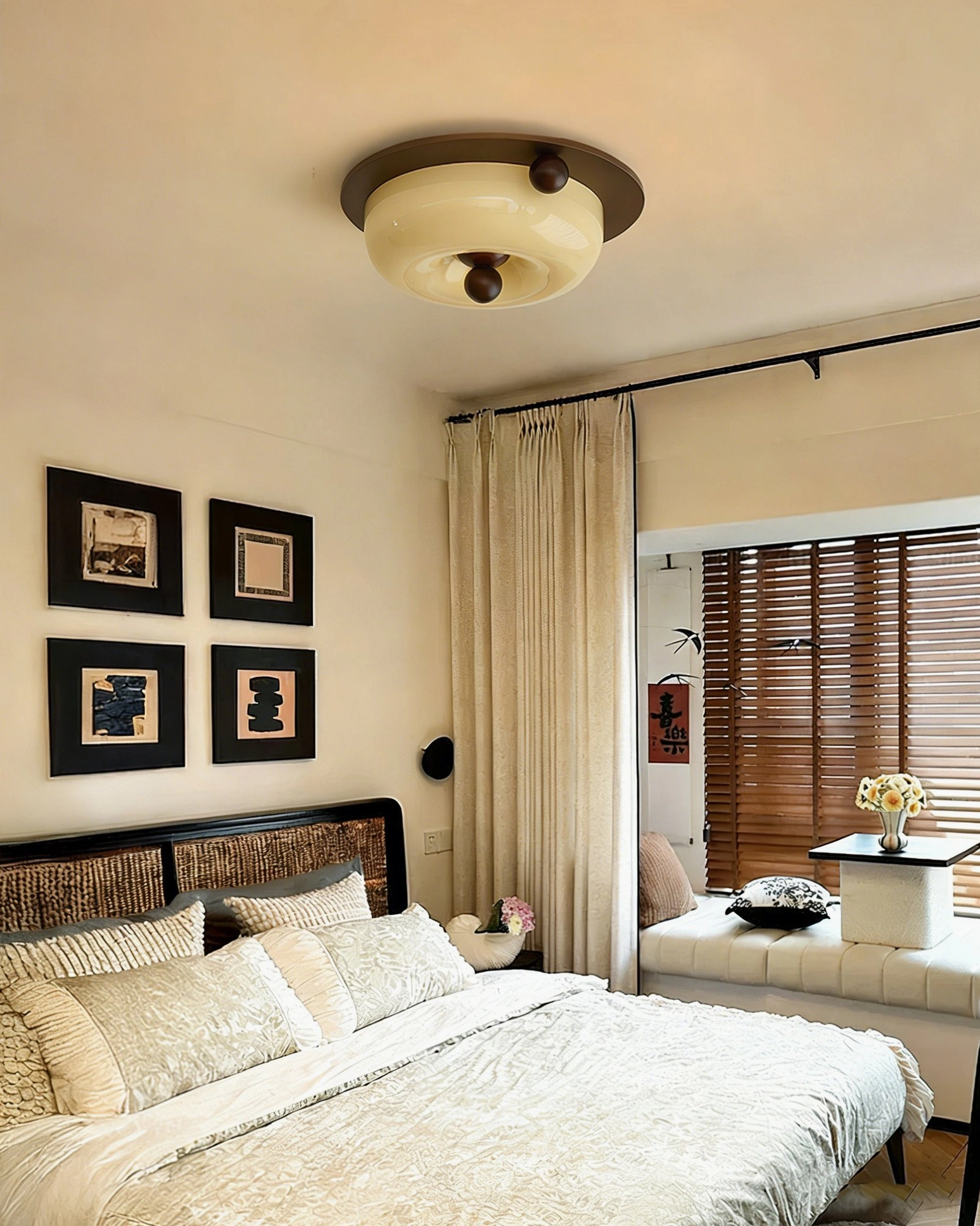 Perth fluted glass ceiling light in mid-century modern bedroom with gallery wall and upholstered furniture