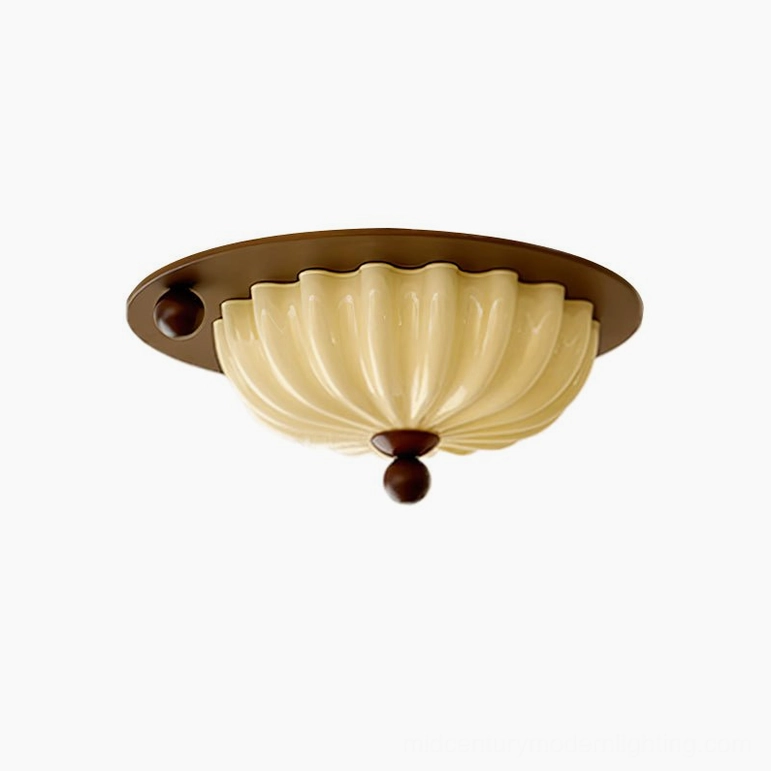 Perth Model A ceiling lamp, cream pleated glass and walnut base in two sizes, product showcase