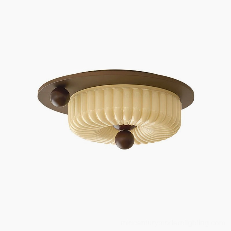 Perth Model D pleated glass ceiling light, cream shade walnut wood base, modern flush fixture