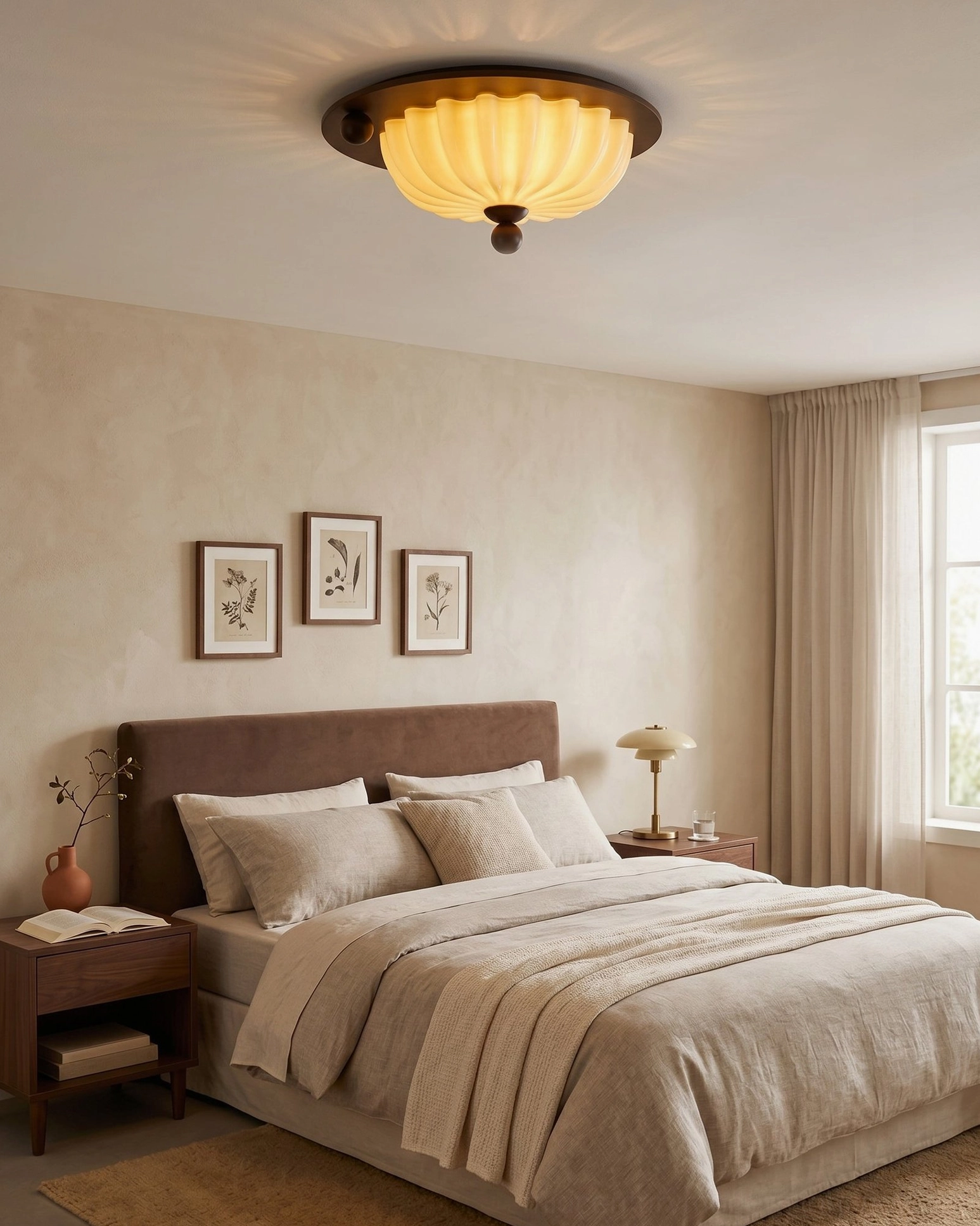Perth ceiling fixture mounted in neutral minimalist bedroom with framed wall art and contemporary decor