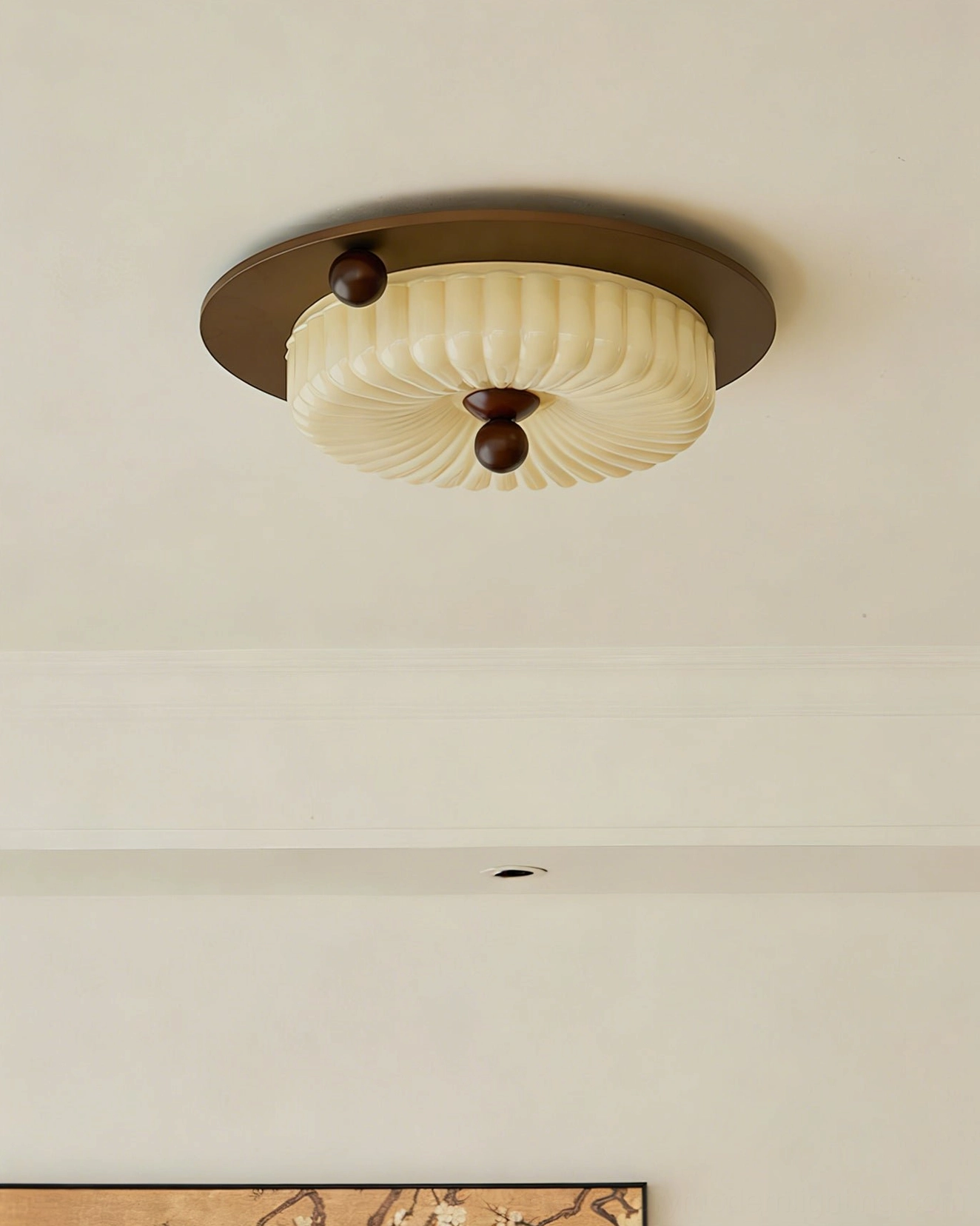 Perth dome ribbed cream glass ceiling light fixture, overhead detail shot showing pleated pattern