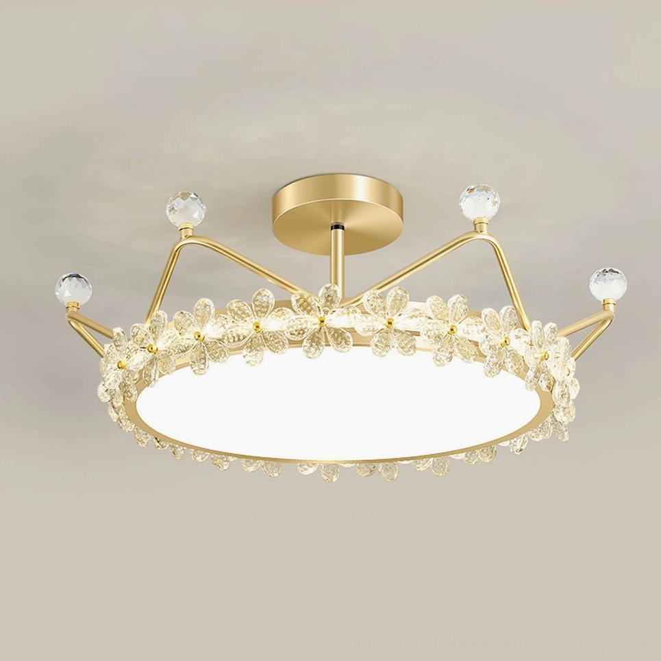 Gold & Clear petal crown ceiling light 19.7 inch diameter size option, small flush-mount fixture detail view