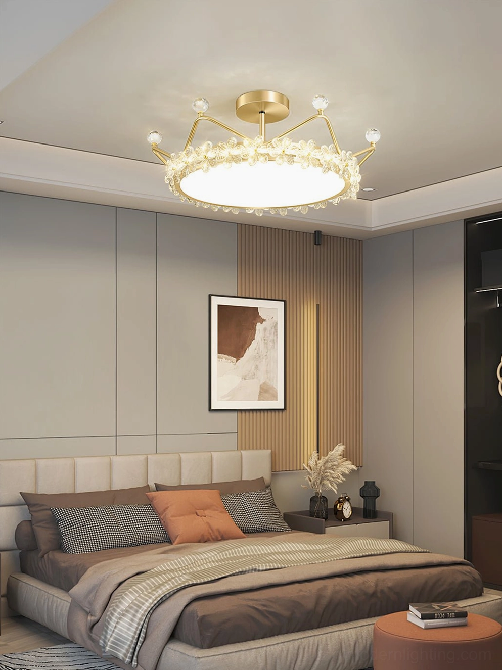 Petal crown ceiling lamp mounted in living room with neutral warm home decor, elegant fixture in contemporary interior