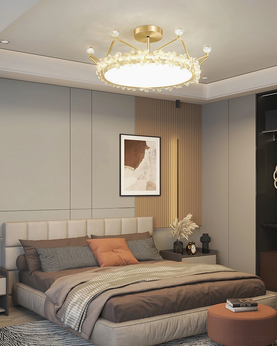 Petal crown ceiling fixture product angle view, gold metal frame with acrylic diffuser and crystal botanical details