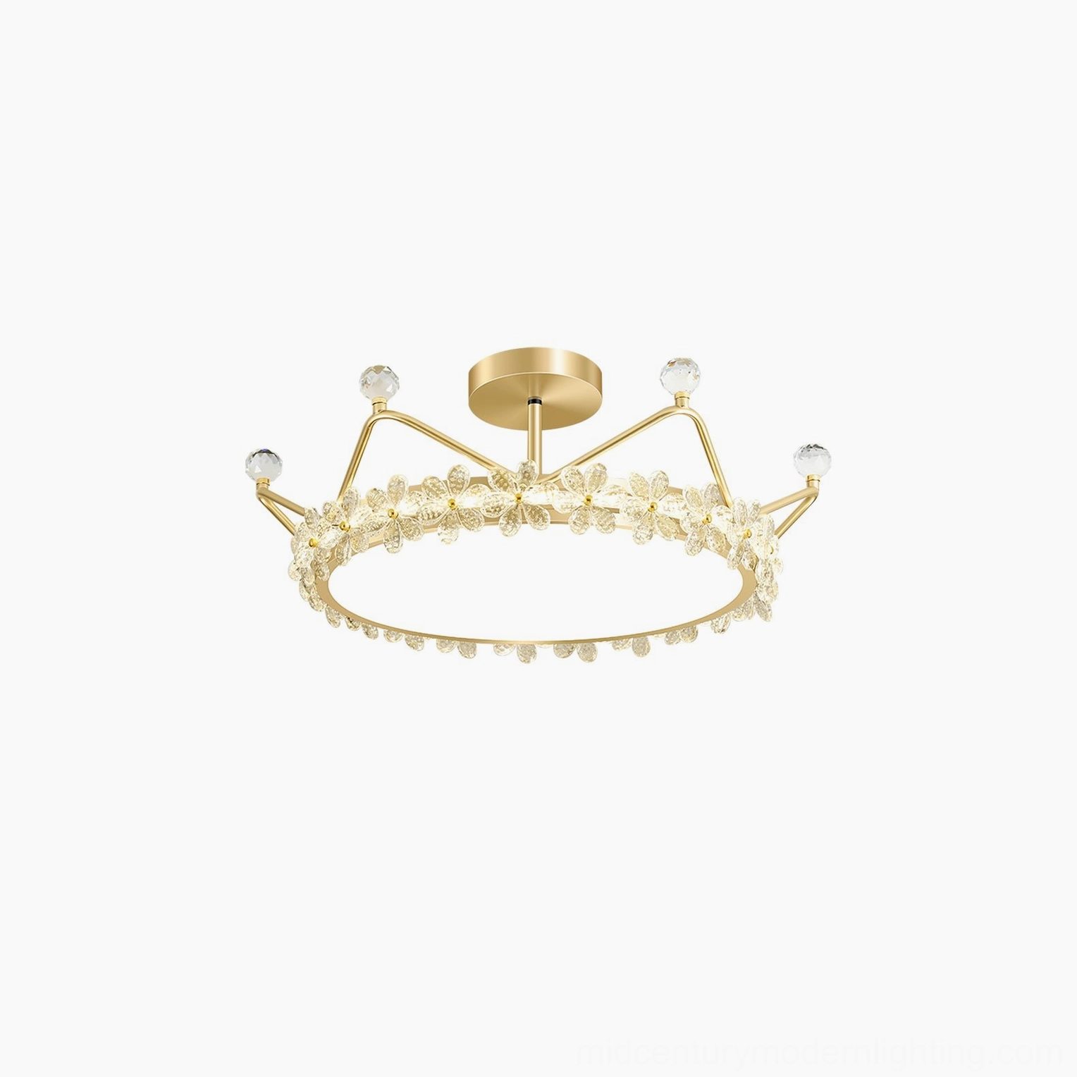 Petal crown ceiling lamp full product view, gold finish metal frame with white acrylic diffuser and crystal petal embellishments