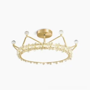 Petal Crown crystal ceiling light with gold metal frame and multi-faceted crystal petal details, front view showcasing complete fixture design