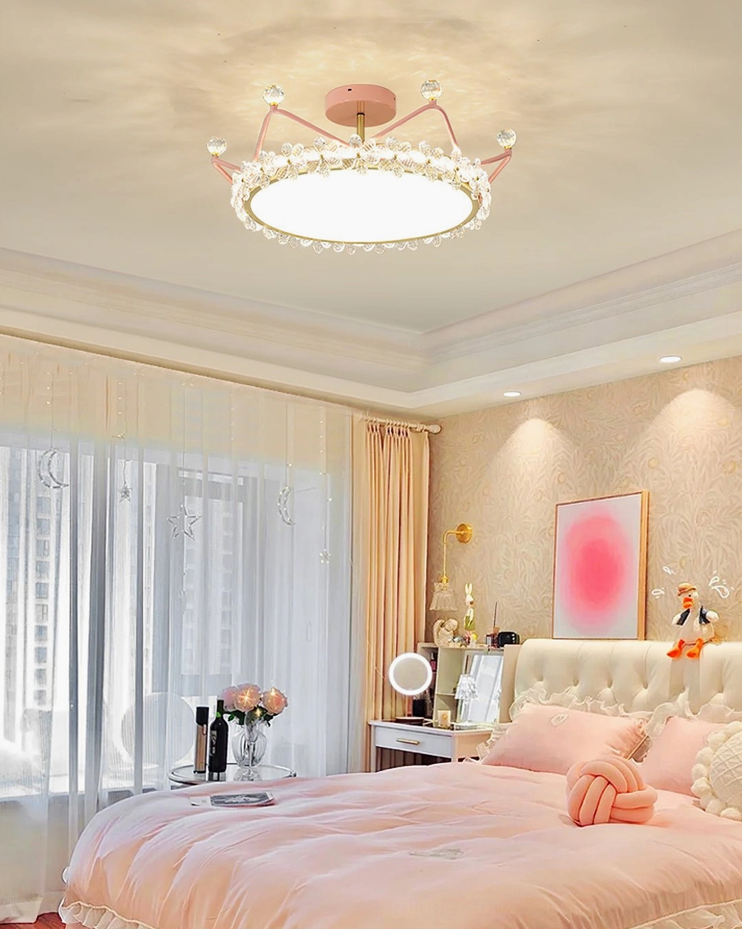 Petal crown ceiling light with pink metallic finish option, overhead interior view in feminine styled bedroom space