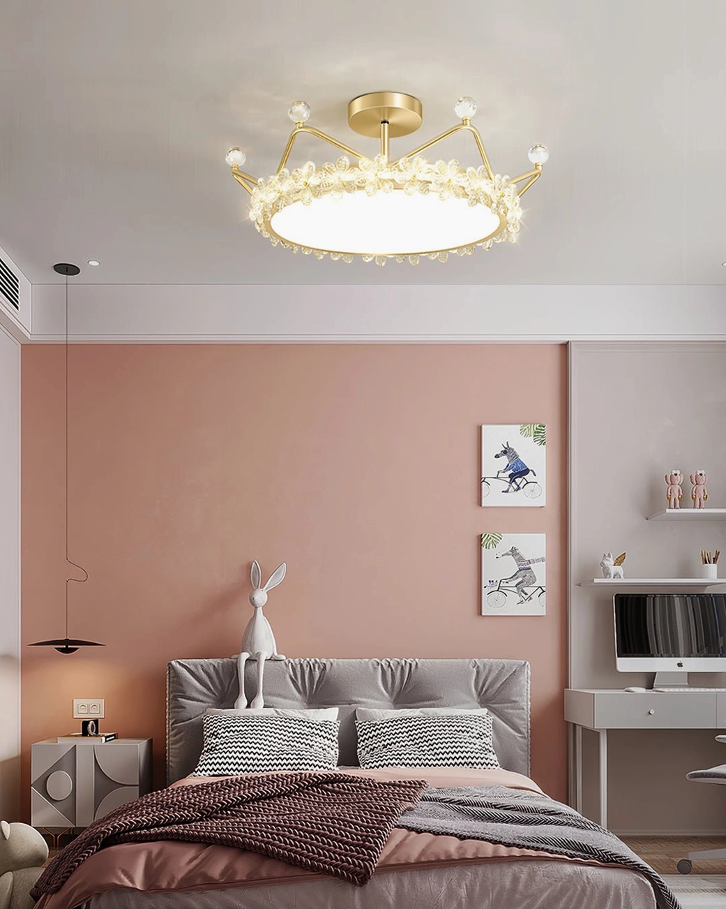 Petal crown ceiling lamp warm light output, overhead mounted in bedroom space showing soft illumination quality
