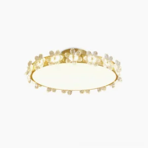 Petal crystal ceiling light with brushed brass frame and faceted crystal trim on white background