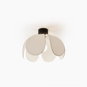 Organic petal fabric ceiling lamp with sculptural off-white petals and black metal mounting on pure white background - front flat lay minimalist design view