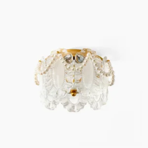 Petal Pearl ceiling light with sculptural glass petals and pearl detail, top-down view on white background