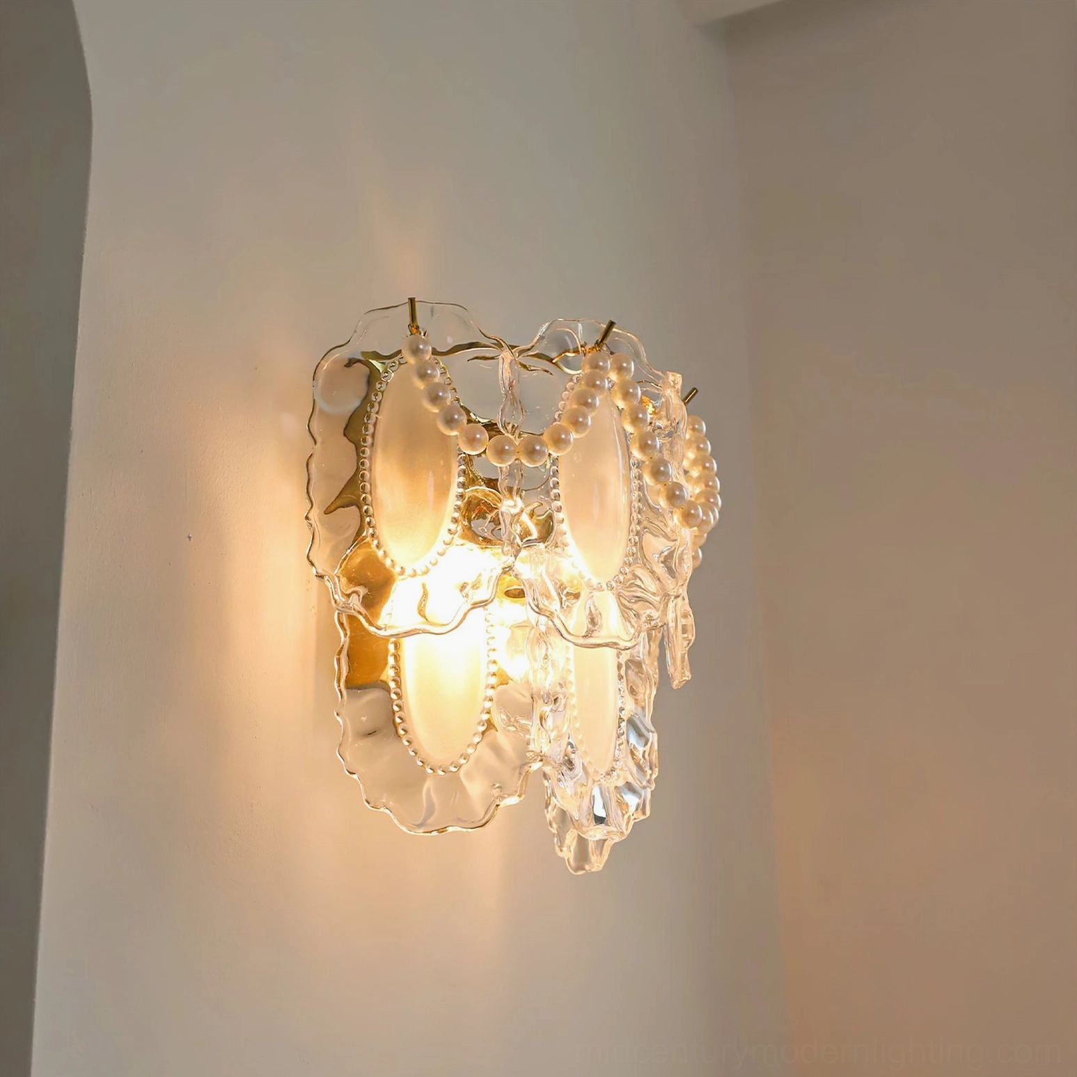 Petal Pearl Wall Light close-up detail showing scalloped glass trim and luminous pearl accents