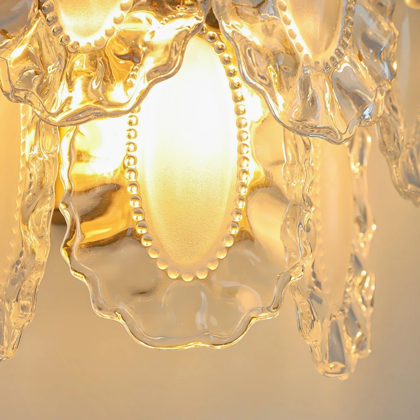 Petal Pearl Wall Light interior illumination close-up highlighting warm LED glow and gold frame