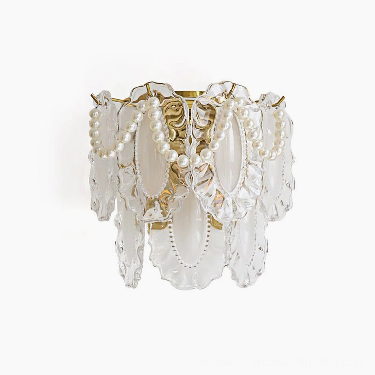Petal Pearl Wall Light oblique front view on white background displaying French vintage design and pearl decoration