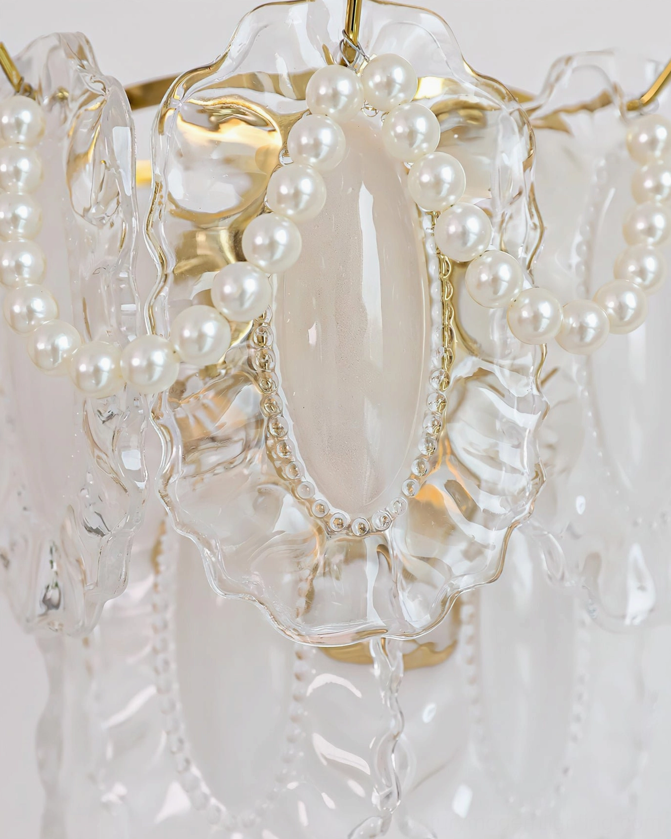 Petal Pearl Wall Light overhead detail view showcasing ruffled frosted glass and faux pearl strings