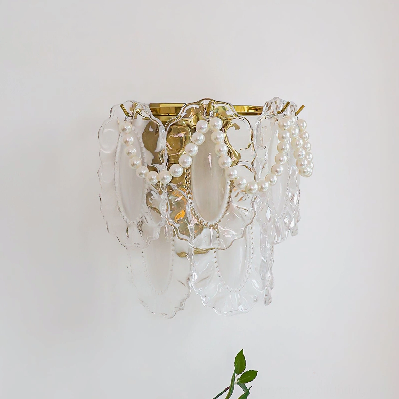 Petal Pearl Wall Light unlit front view on plain wall showing complete vintage fixture silhouette