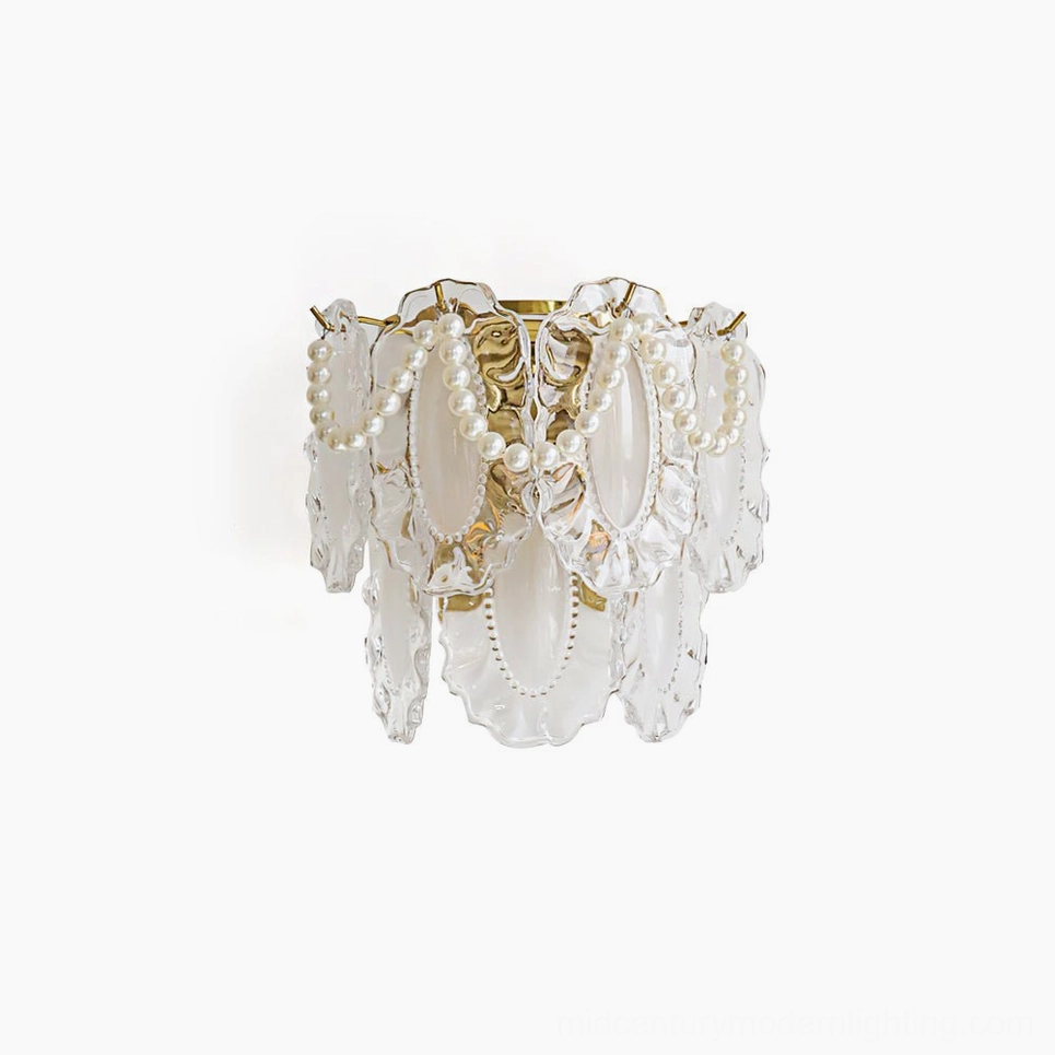 Petal Pearl Wall Light front view with layered glass petals and gold iron frame on white background