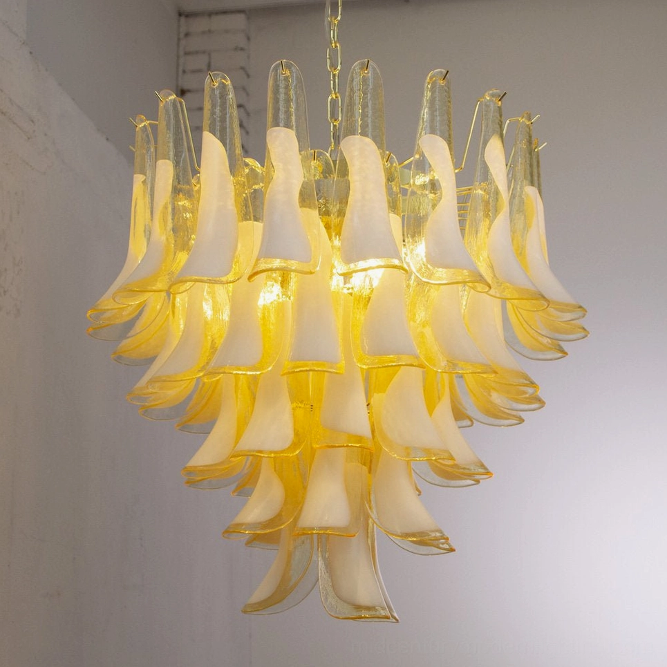 Petal Rain Chandelier ambient lighting effect, soft diffused glow, contemporary interior setting
