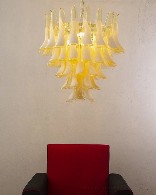 Petal Rain Chandelier artistic shot, multi-layer glass petals arrangement, modern design