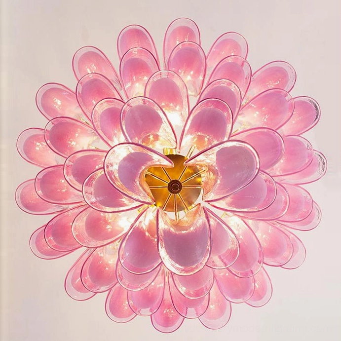 Lit Pink Petal Rain Chandelier ceiling light, glowing flower-shaped glass petals detail