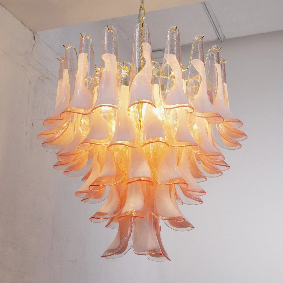 Pink Petal Rain Chandelier overhead flat view, symmetrical layered petals, unlit