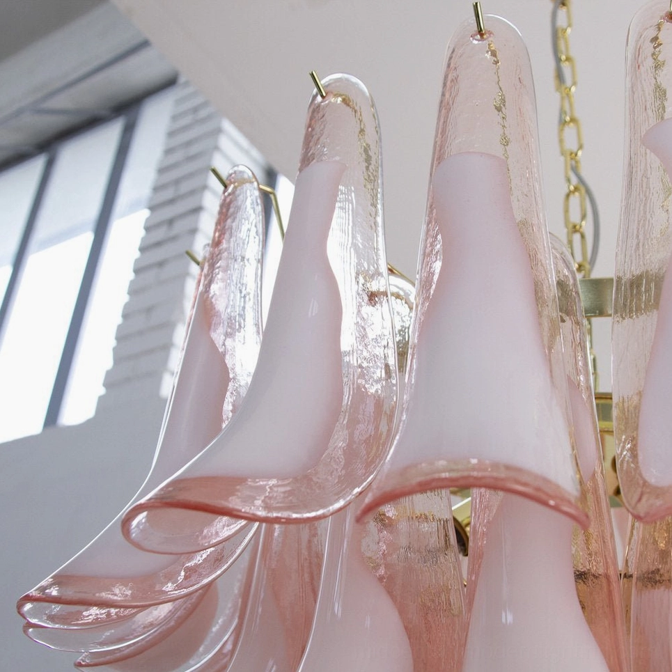 Petal Rain Chandelier pendant view, cascading glass petals, hanging chain installation detail