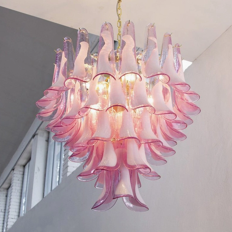 Petal Rain Chandelier three-quarter view, dimensional glass petal layers, gold frame hardware