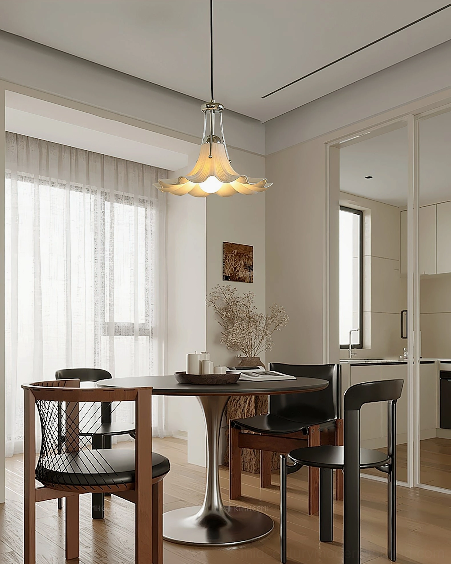 Petalia pendant light interior construction showing chrome fixtures and ceramic shade assembly