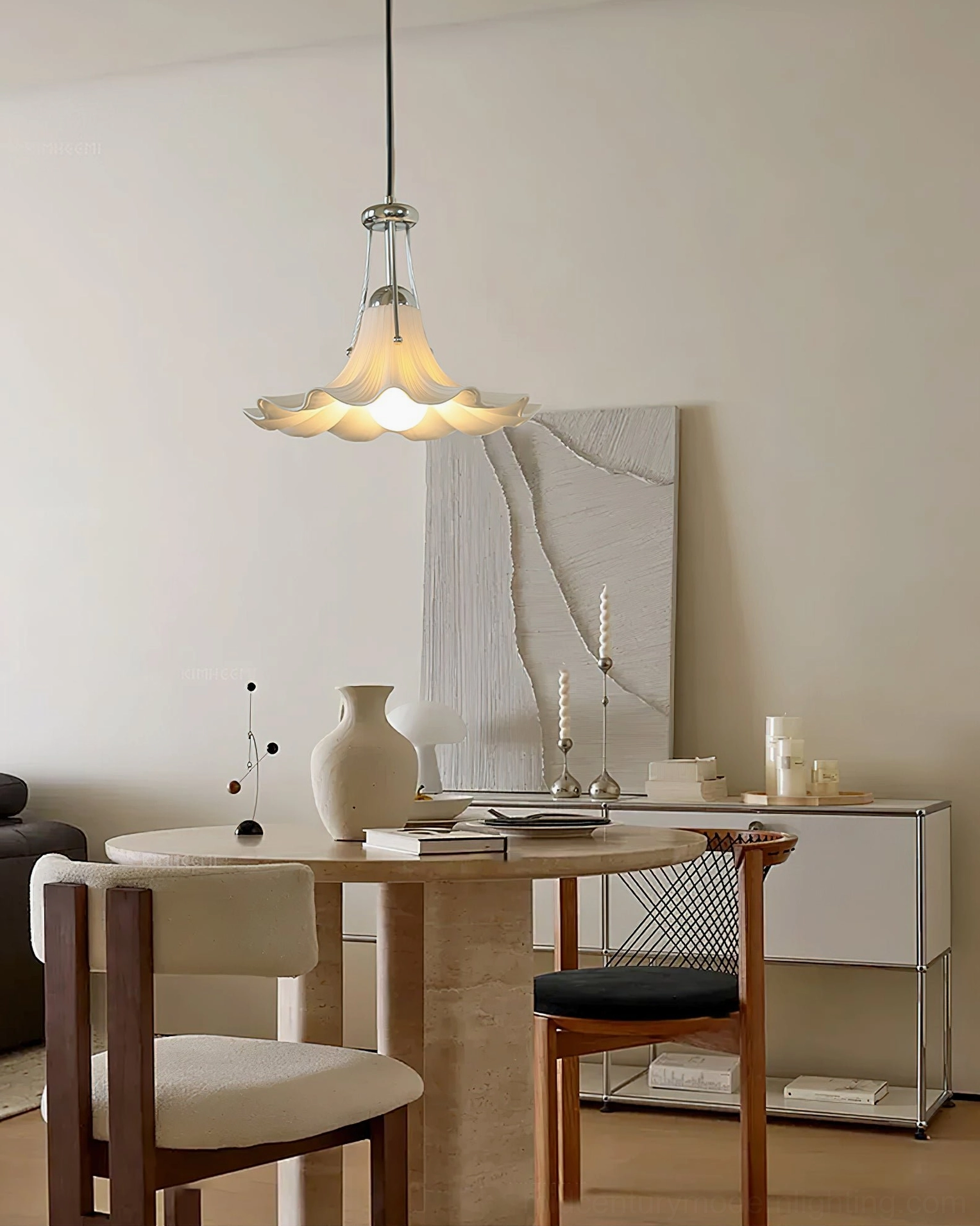 Petalia ceramic pendant lamp with polished metal accents, architectural detail view