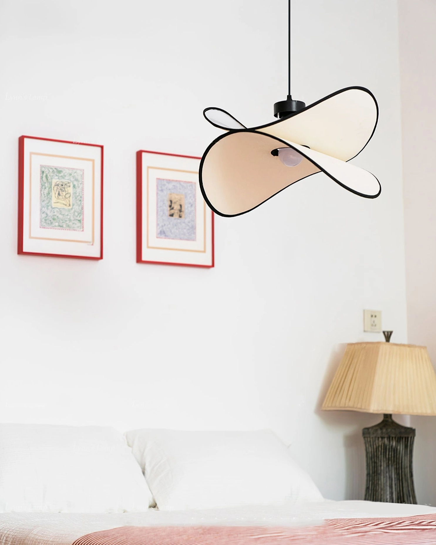 Petalo fabric pendant with minimalist bedroom design and framed wall art