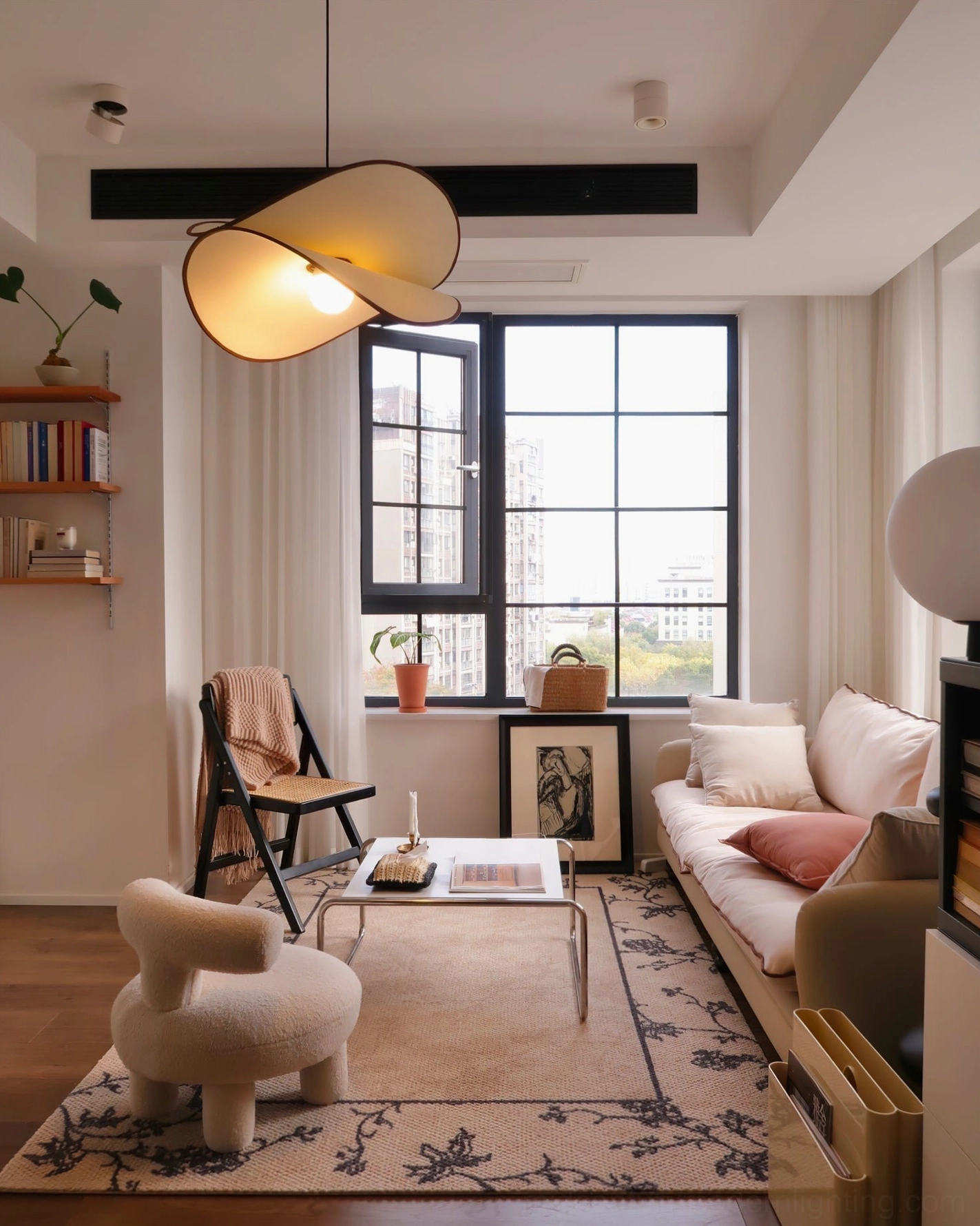 Petalo pendant lamp black metal mounting and beige fabric shade assembly