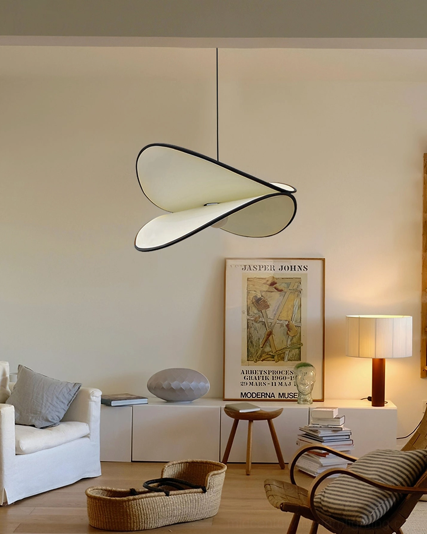 Petalo mid-century modern pendant lamp in minimalist wabi-sabi living room with table lamp