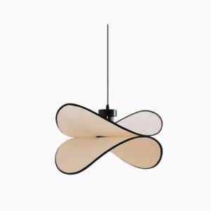 Petalo pendant lamp overhead view showing twisted petal fabric shade design with beige and black trim