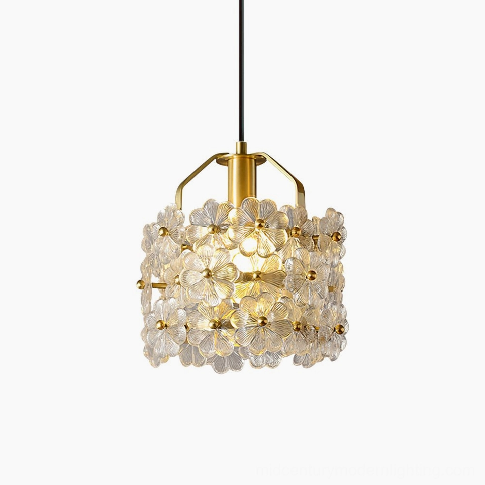 Petit Floral Glass Pendant Light with brass frame and delicate cast glass flower clusters in studio close-up