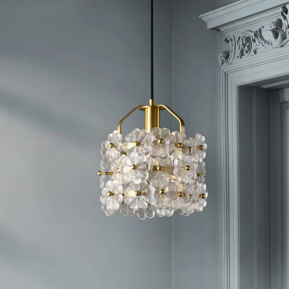 Petit Floral Glass Pendant Lamp complete fixture in elegant brass and translucent glass botanical design